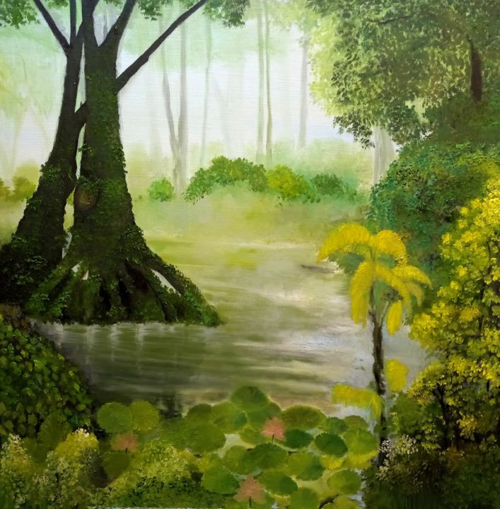 Painting titled "Misty-swamp.jpg" by Suleiman, Original Artwork, Oil Mounted on Wood Stretcher frame