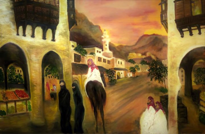 Painting titled "The Souq.jpg" by Suleiman, Original Artwork, Oil Mounted on Wood Stretcher frame