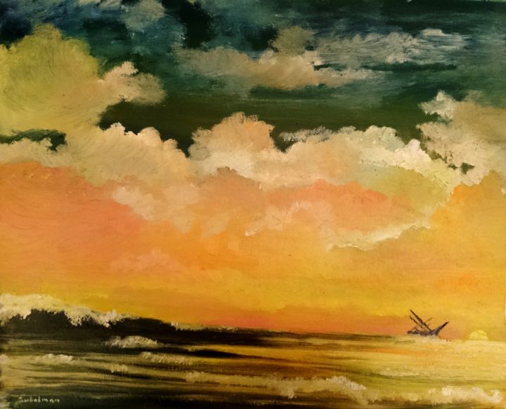 「Sunset-at-sea.jpg」というタイトルの絵画 Suleimanによって, オリジナルのアートワーク, オイル