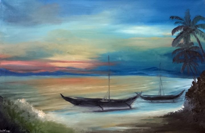 Painting titled "Nauhan Fishing Boats" by Suleiman, Original Artwork, Oil