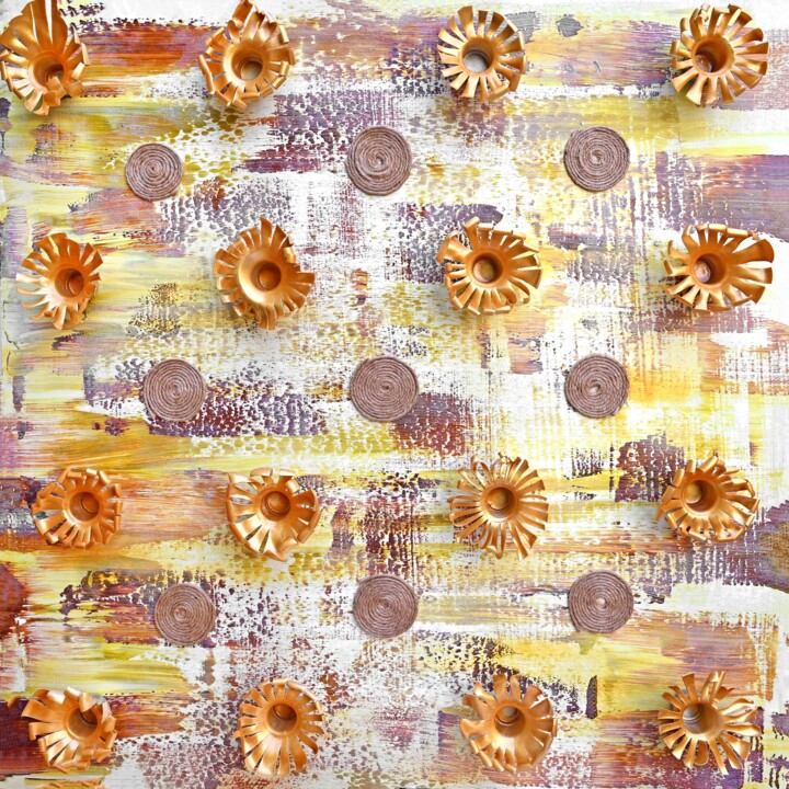 Sculpture titled "Golden blossoms" by Sumit Ratta, Original Artwork, Plastic Mounted on Wood Panel