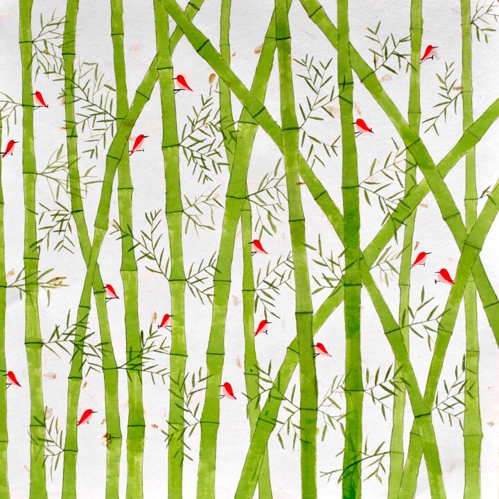 Painting titled "Birds and bamboo" by Sumit Ratta, Original Artwork, Acrylic