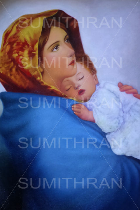 Peinture intitulée "3x3-Feet-mother-jes…" par Sumithran, Œuvre d'art originale, Huile