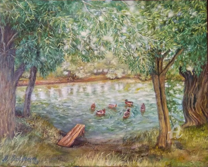 Painting titled ""Шибылги.Озеро"" by Nadia Solntseva, Original Artwork, Oil