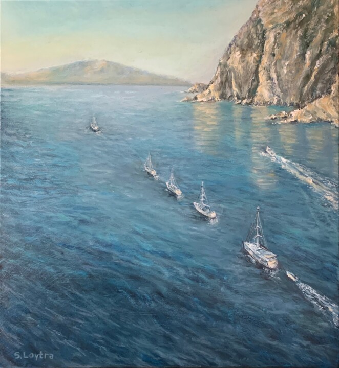 Painting titled "Sea Caravan" by Svetlana Loytra, Original Artwork, Oil Mounted on Wood Stretcher frame