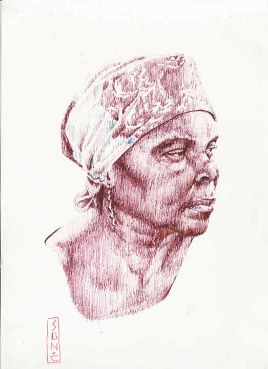Disegno intitolato "La Dame au foulard" da Sun.C, Opera d'arte originale, Inchiostro