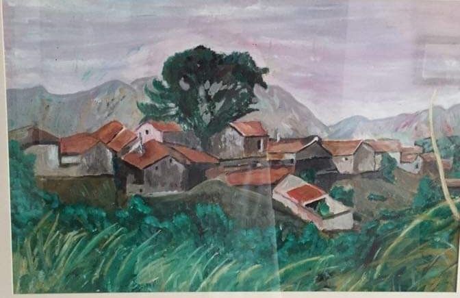 Peinture intitulée "Village nostalgique" par Sun Shine, Œuvre d'art originale, Huile Monté sur Verre