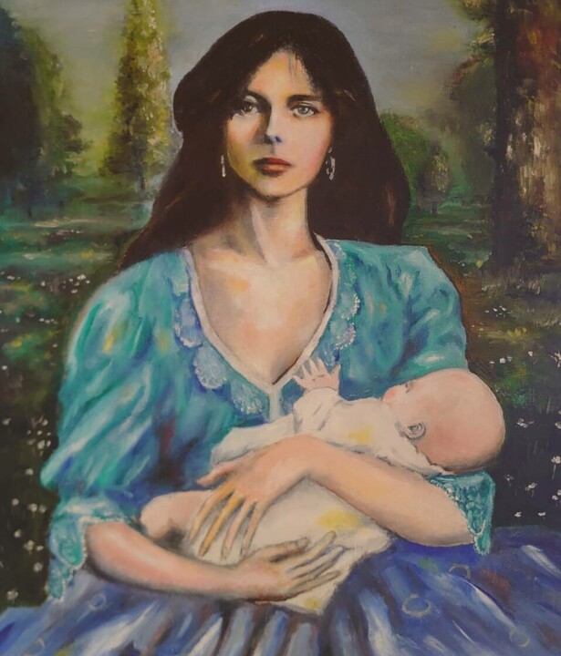 Painting titled "Mother" by Sunao F, Original Artwork, Oil Mounted on Wood Stretcher frame