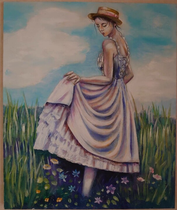 Painting titled "Girl" by Sunao F, Original Artwork, Oil Mounted on Wood Stretcher frame
