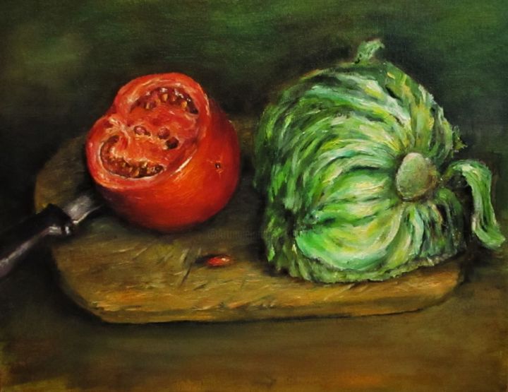 Pittura intitolato "Tomato and Cabbage…" da Natalja Picugina, Opera d'arte originale, Olio