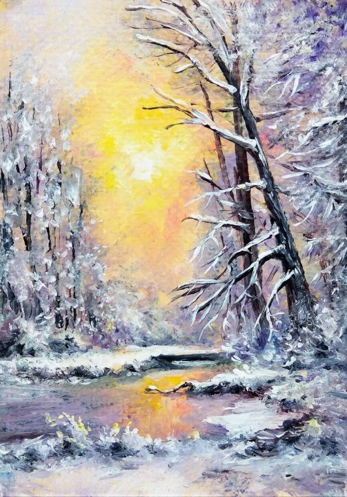 Peinture intitulée "Winter sunset aceo…" par Natalja Picugina, Œuvre d'art originale, Huile
