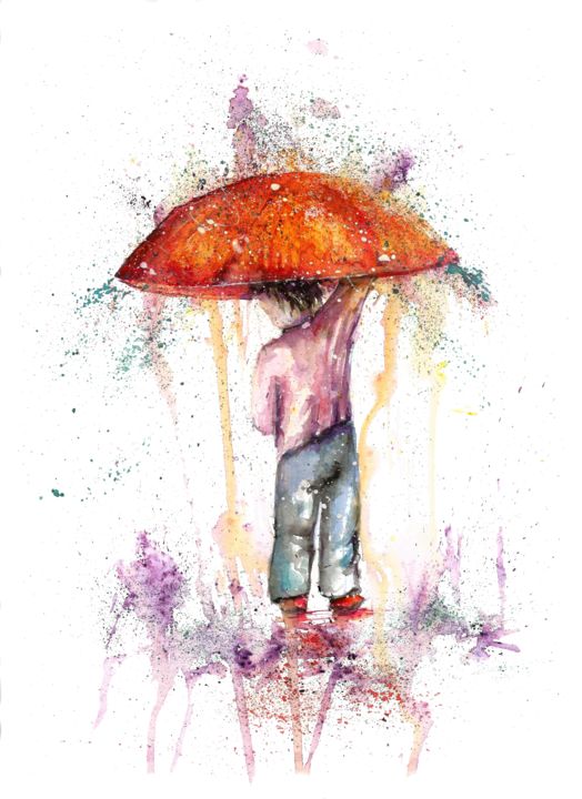 Painting titled "Rain Umbrella boy F…" by Natalja Picugina, Original Artwork, Watercolor