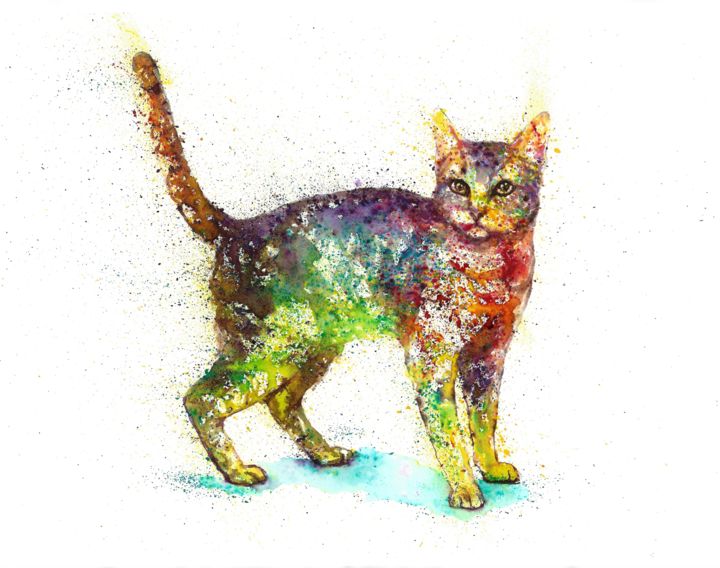 Картина под названием "Cat fantasy waterco…" - Natalja Picugina, Подлинное произведение искусства, Акварель