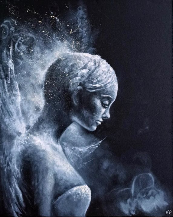 Painting titled "Angel. Black and Wh…" by Natalja Picugina, Original Art, Oil