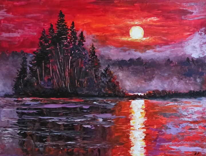 Картина под названием "Sunset River reflec…" - Natalja Picugina, Подлинное произведение искусства, Акрил