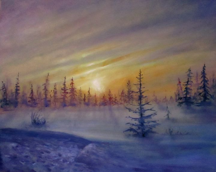 Schilderij getiteld "Sunset winter oil p…" door Natalja Picugina, Origineel Kunstwerk, Olie