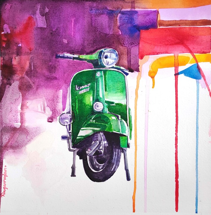 Painting titled "scooter painting" by Sundaram Nagarajan, Original Artwork, Watercolor