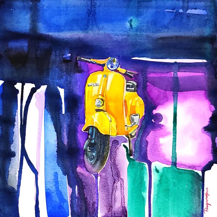 Painting titled "scooter painting 2" by Sundaram Nagarajan, Original Artwork, Watercolor