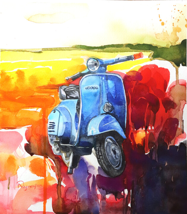 Painting titled "scooter painting 4" by Sundaram Nagarajan, Original Artwork, Watercolor