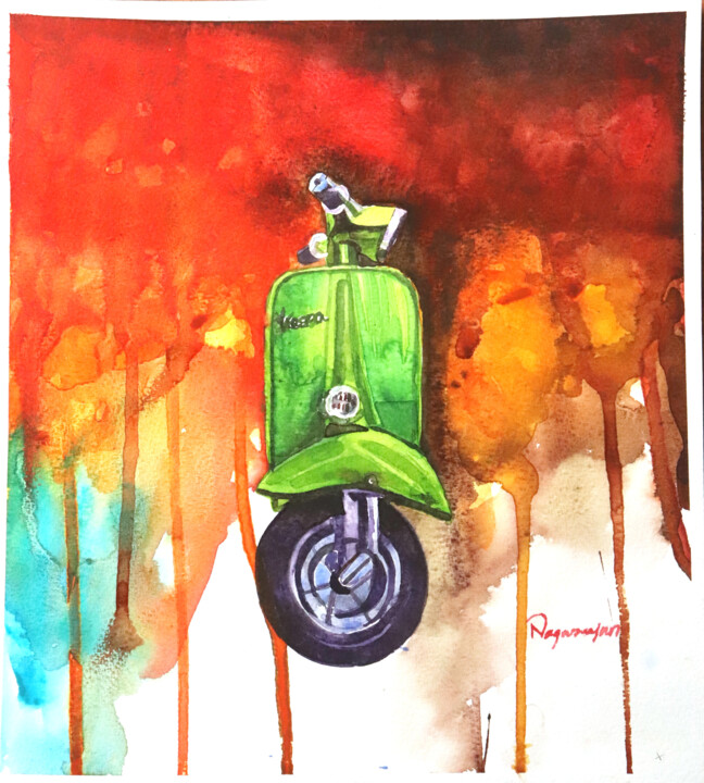Painting titled "scooter painting 5" by Sundaram Nagarajan, Original Artwork, Watercolor