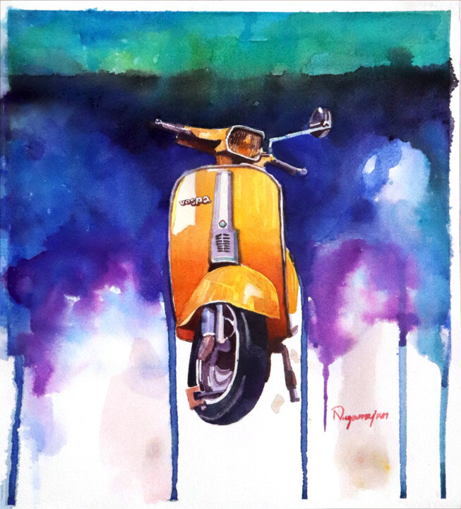 Painting titled "scooter painting 6" by Sundaram Nagarajan, Original Artwork, Watercolor