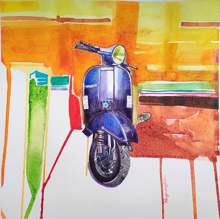 Painting titled "scooter painting 7" by Sundaram Nagarajan, Original Artwork, Watercolor