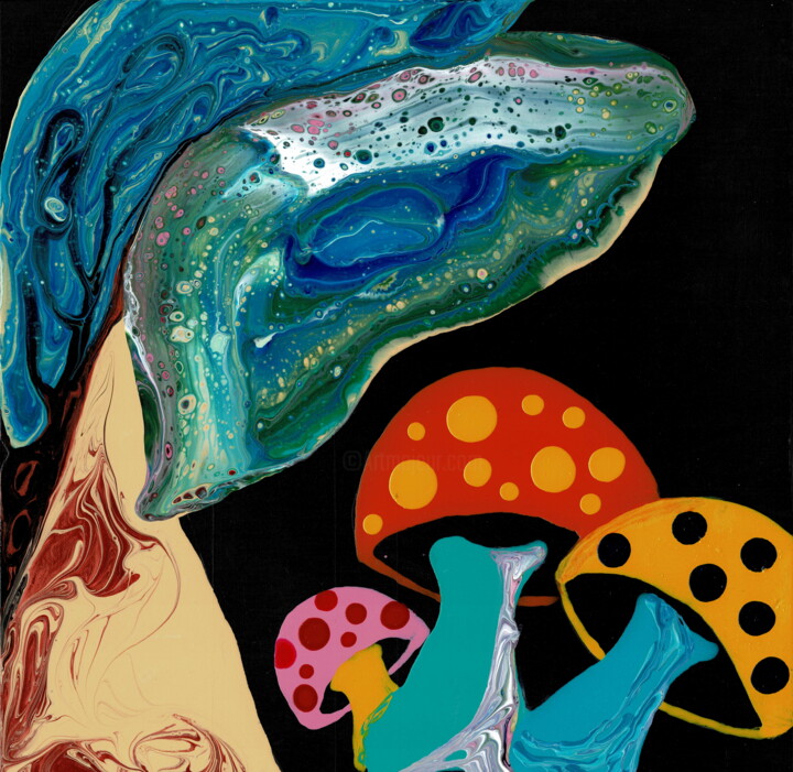 「Mushroom Wonderland」というタイトルの絵画 Sung Leeによって, オリジナルのアートワーク, アクリル ウッドパネルにマウント