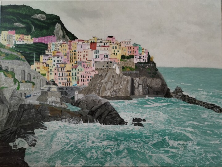 Peinture intitulée "Cinque terre, Italie" par Sunwoo Ji, Œuvre d'art originale, Acrylique