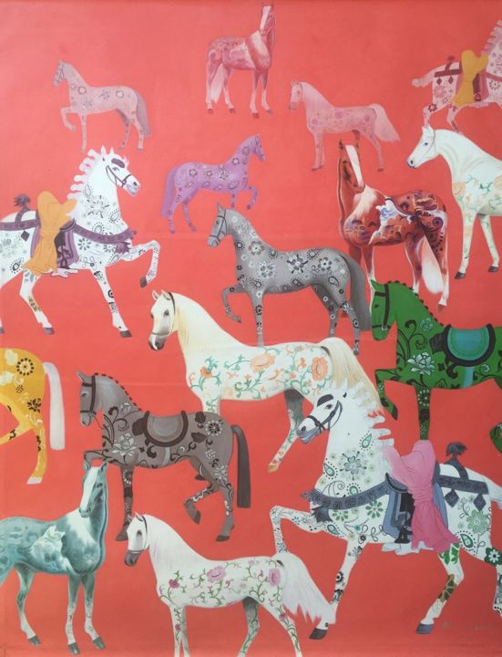 Malarstwo zatytułowany „Whimsical Horses” autorstwa Super Tangerine, Oryginalna praca, Olej