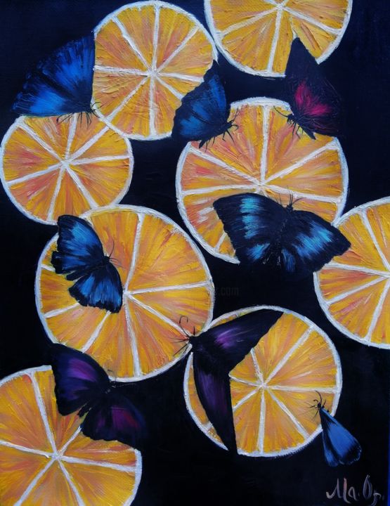 Painting titled "Butterflies in oran…" by Marina Orlova-Shaiupova, Original Artwork, Oil Mounted on Wood Stretcher frame