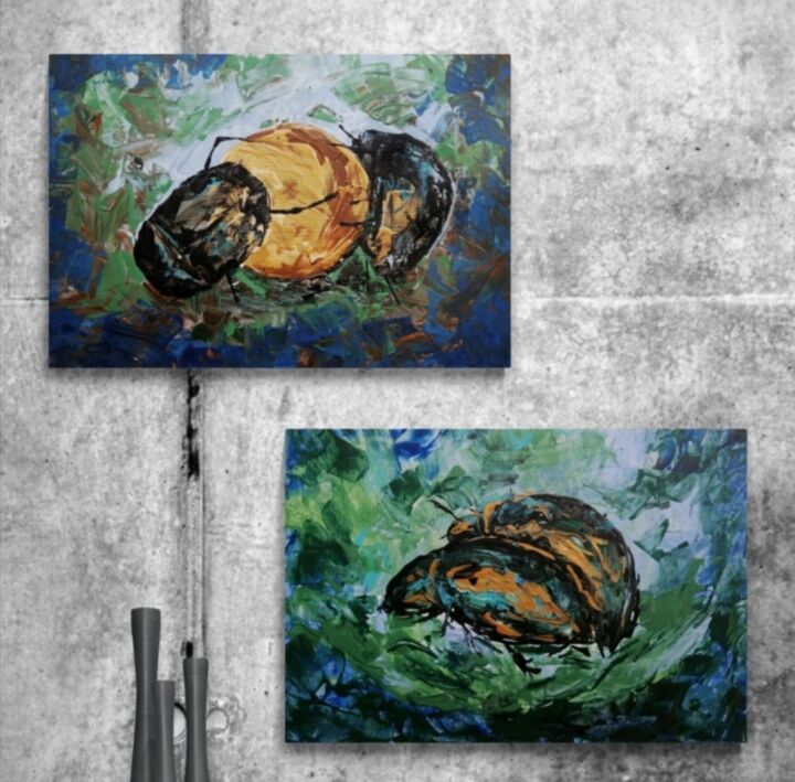 Painting titled "Diptych "Scarabs Be…" by Marina Orlova-Shaiupova, Original Artwork, Acrylic Mounted on Wood Stretcher frame