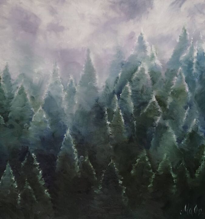 Painting titled "Season of fogs" by Marina Orlova-Shaiupova, Original Artwork, Oil Mounted on Wood Stretcher frame