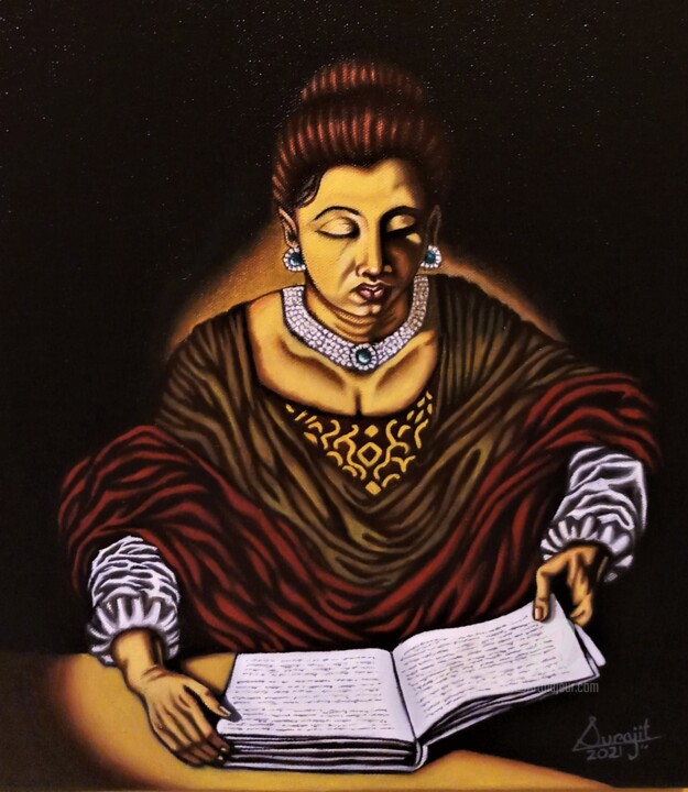 제목이 "Lady Reading A Book"인 미술작품 Surajit Purkait로, 원작, 기름 나무 들것 프레임에 장착됨