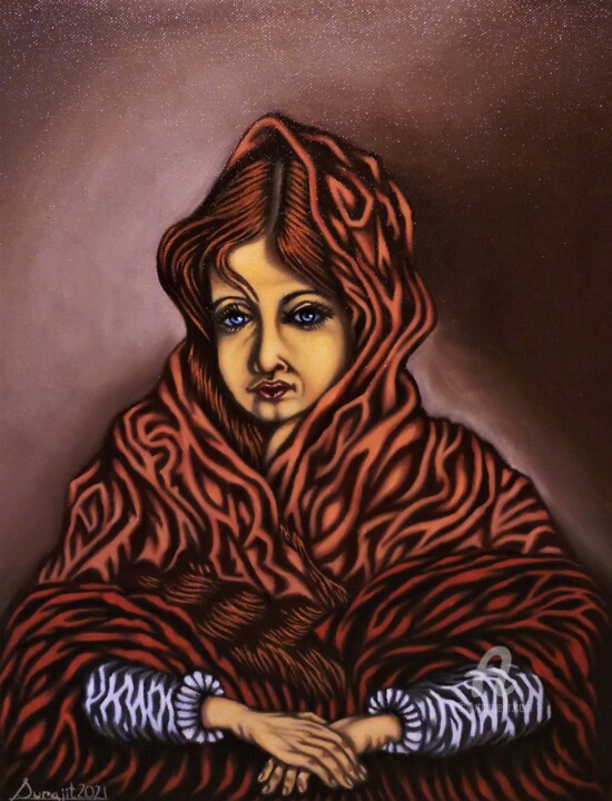 Peinture intitulée "Lady In Orange Cloak" par Surajit Purkait, Œuvre d'art originale, Huile Monté sur Châssis en bois