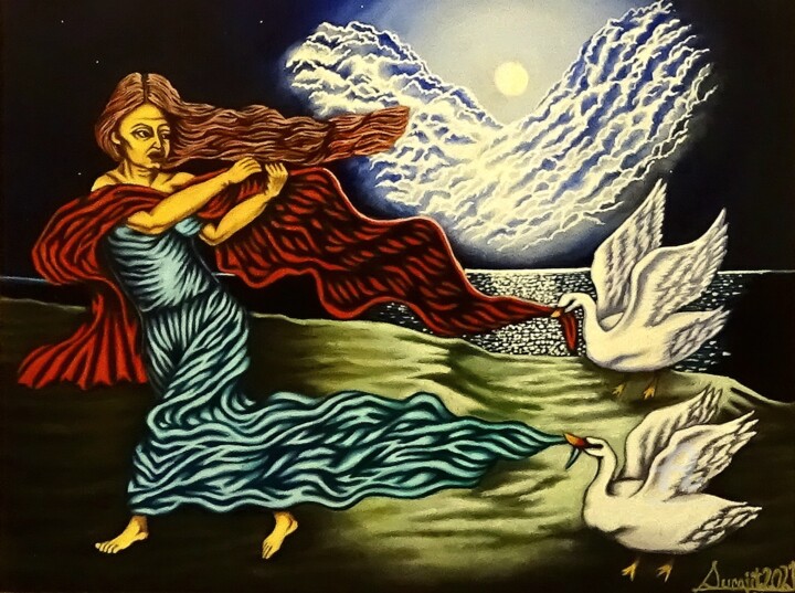Painting titled "Lady And The Two Sw…" by Surajit Purkait, Original Artwork, Oil Mounted on Wood Stretcher frame