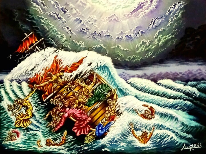 Painting titled "The Storm In The Sea" by Surajit Purkait, Original Artwork, Acrylic Mounted on Wood Stretcher frame