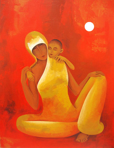 Peinture intitulée "Mother and child 01" par Surekha Bharne, Œuvre d'art originale, Acrylique Monté sur Châssis en bois