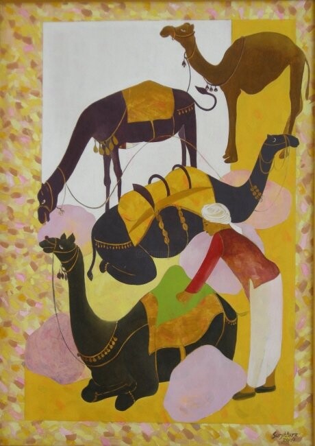 Malarstwo zatytułowany „Camels_26x372009_oi…” autorstwa Surjit Akre, Oryginalna praca, Olej