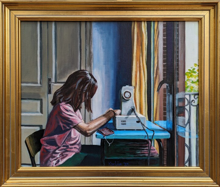 Pintura titulada "Girl With Sewing Ma…" por Karlijn Surminski, Obra de arte original, Acrílico Montado en Bastidor de camill…