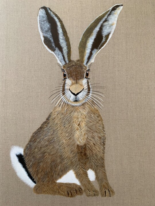 Painting titled "Brown Hare" by Susan J Green, Original Artwork, Acrylic Mounted on Wood Stretcher frame