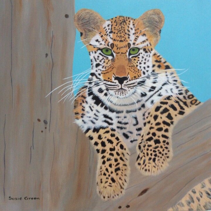 Painting titled "The Curious Leopard…" by Susan J Green, Original Artwork, Acrylic Mounted on Wood Stretcher frame