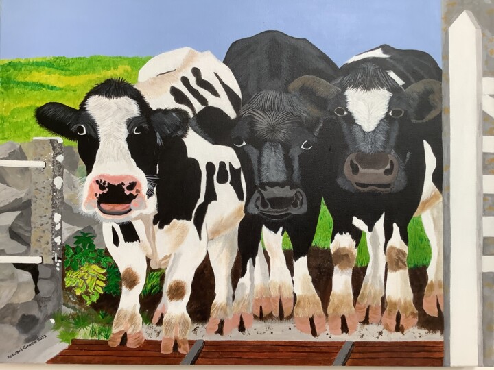 Pintura titulada "Young cows at a cat…" por Susan J Green, Obra de arte original, Acrílico Montado en Bastidor de camilla de…