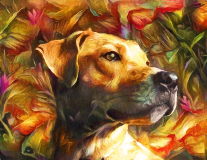 Digital Arts titled "Yellow Lab Good Dog" by Susan Maxwell Schmidt, Original Artwork, Digital Painting