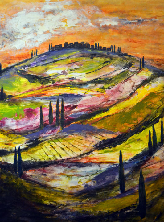 Peinture intitulée "Sunset hilltop vill…" par Susan Monk, Œuvre d'art originale, Acrylique