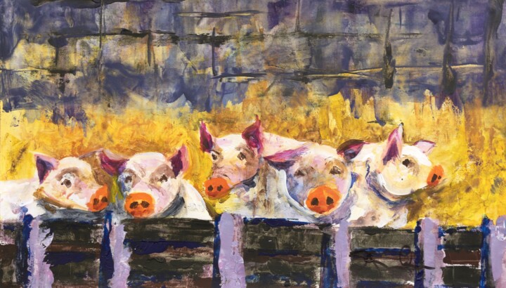 Painting titled "Feedtime Looming" by Susan Monk, Original Artwork, Acrylic