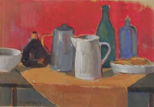 Painting titled "Jarras y botellas" by Susana Saporiti, Original Artwork, Oil