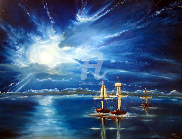 Peinture intitulée "Boats in the Moonli…" par Susanart, Œuvre d'art originale, Huile