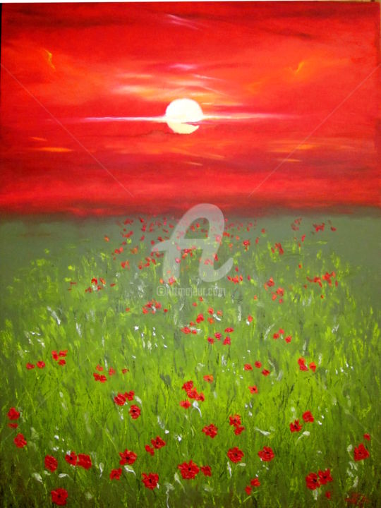 Painting titled "PoppieSunset" by Susanart, Original Artwork, Oil