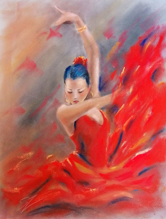 Ζωγραφική με τίτλο "Flamenco dancer 60" από Susana Zarate, Αυθεντικά έργα τέχνης, Παστέλ