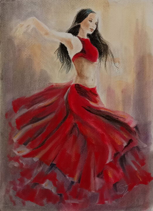 Painting titled "Dancer in a red dre…" by Susana Zarate, Original Artwork, Pastel